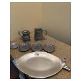 PEWTER PA. MUG TENNIS MOTIF COASTER AND FISH