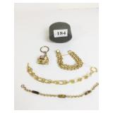 THREE GOLD TONE BRACELETS RHINESTONES TIGER EYE