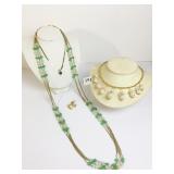 TRIPLE STRAND CHAIN AND BEADED NECKLACE GREEN AND