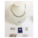 SILVER TONE BRAIDED NECKLACE FOUR PAIR OF SILVER