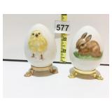 GOEBEL CERAMIC EASTER EGGS ON STANDS BUNNY AND