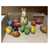 RUBBER SQUEAKER BUNNY AND HAND PAINTED WOODEN