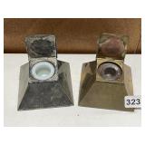 PAIR OF SQUARE INK WELLS, BRASS/SILVER PLATE WITH