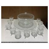 CLEAR HOBNAIL GLASS PUNCH BOWL WITH LINER AND 11