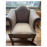 BEIGE TURNED ARMCHAIR W/ TACK TRIM - 2ND MATCHING