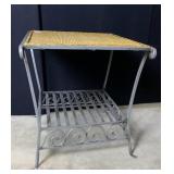 IRON FRAME SIDE TABLE W/ WICKER TOP, ORNATE