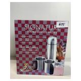 SIGNATURE STAINLESS STEEL FLASK AND MUG SET, NEW