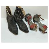 VINTAGE BOYS 13.5D LEATHER COWBOY BOOTS AND METAL