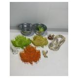GLASS LEAF PLATES, MINI BUCKETS, FIGURINES, ETC.