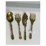 SET OF 4 ORNATE BRASS SERVING UTENSILS, MADE IN