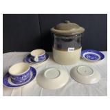 CROCK 1 GALLON HAS CHIP ON LID, CUPS/SAUCERS
