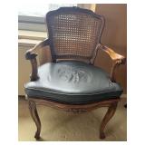 COINED BACK LEATHER SEAT CHAIR WITH CARVED WOOD