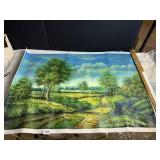 27" X 37" UNSIGNED LANDSCAPE PAINTED ON CLOTH