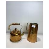 COPPER TEA KETTLE AND HAMMERED COPPER PITCHER