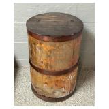 WOOD BANDED BOARD BARREL WITH FLIP TOP WOOD LID