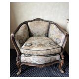 CARVED WOOD FRAME TURNED LEG ARMCHAIR W/ UPHL.