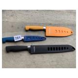 THREE KITCHEN KNIVES W/ COVERS