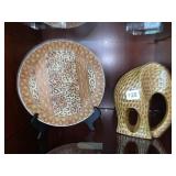 BEIGE GLAZED ELEPHANT 9" H AND ANIMAL PRINT PLATE