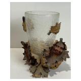 CRACKLE GLASS VASE W/ LEAF DESIGN FIGURE