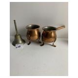 BRASS BELL, COPPER POURER AND FOOTED BOWL