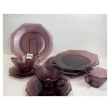 PURPLE LUNCHEON SET, 4 PLATES, 4 SAUCERS, 3 CUPS