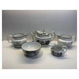 TEA POT WITH MATCHING PITCHERS, BOWL, CREAMER
