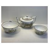 TEA POT WITH MATCHING BOWLS, SCENES OF FAMILIES,