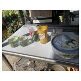 LOUISILLE POTTERY COVERED CASSEROLE, MAGNIFIERS,