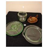 BROWN GLASS HEN BOX GREEN DEPRESSION BISCUIT JAR