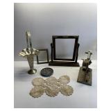 APOLLO SILVER PLATE VASE, WOODEN PICTURE FRAME,