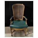 HIGH BACK RATTAN CHAIR WITH GREEN SEAT AND ARMS,