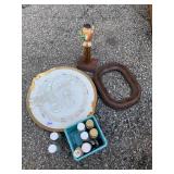 FRED FLINTSTONE TROPHY, WOOD FRAME, SHOT GLASSES,