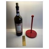 19" TALL EMPTY WINE BOTTLE, RED PAPER TOWEL
