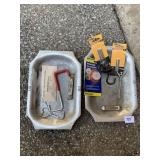 PEWTER PLATES, NEW DRILL BITS, LEVEL, CAN/BOTTLE