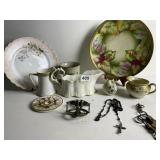 HAND PAINTED PLATE, BEADS, CREAMER, ETC.