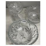 CUT GLASS DISH, 2 PRESSED GLASS PIECES