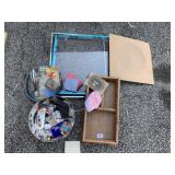 EMBOSSED PICTURE OF BIRDS, TIN WITH SEWING ITEMS,