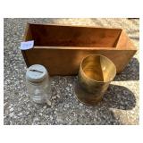 LARGE BRASS SHELL CASING, JAR AND WOOD CHEESE BOX