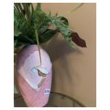 PINK/WHITE VASE W/ ARTIFICIAL PLANT