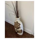 HEAVY VASE W/ GOLD FLOWER DECORATION AND DRIED