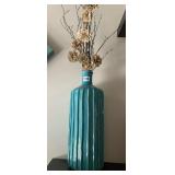 TURQUOISE RIBBED VASE W/ DRIED FLOWERS