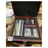 FLASK, FILLER, CARDS, DICE IN BOX