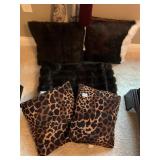 FAUX FUR THROW BLANKET, MATCHING PILLOW, COW HIDE