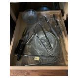 GLASS DISHES, TONGS, CARVING SET, ETC.