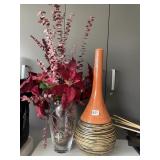ORANGE VASE AND GLASS VASE WITH ARTIFICIAL
