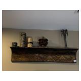 FAUX BRONZE SHELF, COVERED DISH, VASE, CANDLE