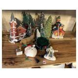 LIGHTED CHRISTMAS VILLAGE HOUSES, FLOCKED DEER,