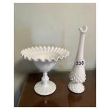 RUFFLED EDGE MILK GLASS PEDESTAL COMPOTE, MILK
