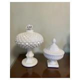 COVERED MILK GLASS COMPOTE AND COVERED MILK GLASS