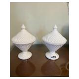 PAIR OF MILK GLASS DIAMOND CANDY DISHES WITH LIDS